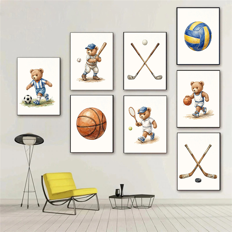 Badminton Single - Niedliche Teddybär-Sport-Kinderzimmer-Leinwandkunstdrucke Jungenzimmer-Dekoration Fußball Baseball Basketball